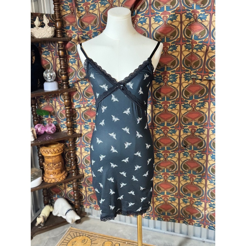 H&M‎ Divided Black Butterfly Print Lace Trim Mini Slip Dress